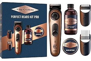 KING C. GILLETTE Gillette King C. Coffret Cadeau Homme, Kit Soin De Barbe Inclus Tondeuse PRO Electrique, Roue De Précision Pour 40 Longueurs De Barbe Pour Un Rasage Efficace, Mini Nettoyant, Mini Baume, 2 Sabots