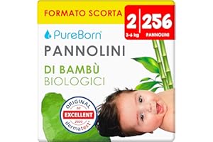 PureBorn 256 Pannolini Taglia 2 (3-6 kg), Ipoallergenico, Ultra assorbente, Pannolini 2-4 mesi, Dermatologicamente testato, anti perdita, pannolino di alta qualità naturali bambù