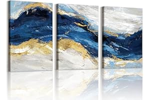 WENGTIAO 3 Pièces Abstrait Minimaliste Bleu Tableau Decoration Murale Encadré Toile Peinture Vague de Mer Bleu Marine Gris Or Decoration Murale Salon Maison Deco Chambre Prêt à Accrocher 40x60cmx3
