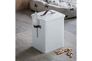 CKB LTD Aufbewahrungsdose für kleine Haustiere, mit Schaufel, hält Hunde und Katzen Tierleckerli, Metall Futterdose versiegelter Deckel, Ledergriff, aus kreidefarbenem Stahl, 7kg H34cm B25cm T19cm