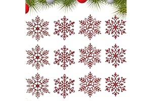 YEAPEAK 24 Stücke Glitter Schneeflocken Deko, Schneeflocken Weihnachten Deko, Schneeflockendeko, Weihnachten Schneeflocken, Weihnachtsdeko Für Glitzer Weihnachtsbaumschmuck.(Rot,10cm)