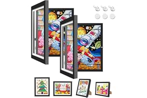 WIOONI 2 Stück Bilderrahmen Kinderzeichnungen A4, Frontöffnungs Fotorahmen aus Holz mit Aufklappbar Mit Wand & Standfunktion, Ideal für Kinderzeichnungen/Kunstwerken, Schule, Zuhause (Schwarze)