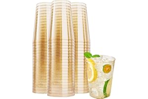 CYH 50Pcs Gold Glitter Plastic Tumbler Cups, 300ml Multi-use Clear Cups Reusable Drinking Elegant Party Perfect for Juice Beer Cocktail Soda Dessert Ice Coffee Milkshakes Fruit (CYH216)