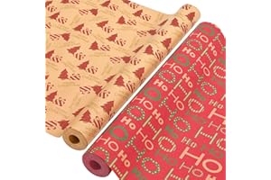 AhfuLife 2 Rouleau Kraft Papier Cadeau de Noël, 43cm×15m Recyclable Papier d'Emballage avec Motifs Fins pour Enfant Emballage des Cadeaux de Noël (I: Kraft Marron)