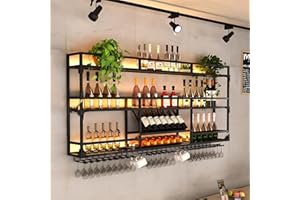 ‎AMHRICHO Weinregal zur Wandmontage, Wand montiertes Weinregal mit Weinglasregal, Metallbar Weinflaschen Präsentationsregal, Weinglas Hängeregal, geeignet für die Dekoration von Bar, Café (BLACK, 120*25*90CM)