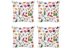 ABAKUHAUS 4-częściowy zestaw poszewek na poduszki, kolorowe róże, tulipany, druk cyfrowy, dwustronny, 45 cm x 45 cm, różowy zielony