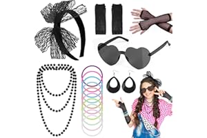 Kareeran 80s Fancy Dress for Women Girls, 80s Accessories Rockstar Fancy Dress, Neon 90s Retro Headbands Earrings Fishnet Gloves Sunglasses for Dress Up Party