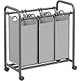 SONGMICS Laundry Basket with 3 Compartments, Dirty Laundry Trolley on Wheels, Laundry Basket with Handles, Removable Bags, Grey LSF003GS