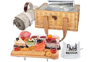 Hap Tim Wicker Panier Pique Nique pour Quatre Personnes avec Mini Table de Pique Nique à vin Pliante et Grand Sac réfrigéré isolé,Sac de Service de Vaisselle pour Quatre Personnes Cadeau(y2307-4-cm)