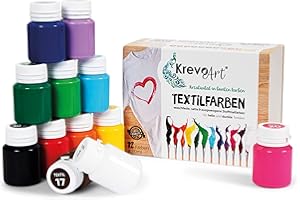 Krevo Art colori per tessuti permanenti, colori per stoffa, tempere per tessuti professionali, set di 12 x 20ml