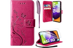 AROYI Lederhülle Kompatibel mit Samsung Galaxy A52 5G/4G/A52S 5G Hülle und Schutzfolie, Flip Wallet Handyhülle PU Leder Tasche Case Schutzhülle Kompatibel mit Samsung Galaxy A52 5G Rosenrot