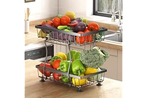 SAYZH Portafrutta, Scaffale Porta Frutta da Tavolo Staccabile a 2 Livelli con Supporto per Banana, Cestino Impilabile in Filo Metallico con Ruote per la Conservazione di Frutta e Verdura, Nero