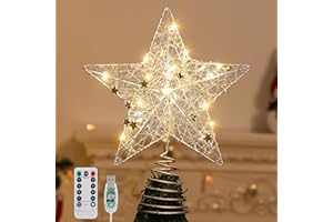 Roylvan Christmas Star Tree Topper with 8 Lighting Modes, USB Lighted Tree Topper with 20 LED Lights, Shiny Treetop Christmas Tree Decoration for Indoor Outdoor Holiday Home Ornament Gift, 9.8 Inch(H)