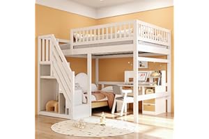 ‎JOVIFY Etagenbett 140x200, Kinderbett Hochbett mit Treppe und Aufbewahrungsschrank, Funktionsbett Doppelbett Stockbett Spielbett Kinderhochbett Jugendhochbett mit Lattenrost, Massivholz, Ohne Matratze, Weiß