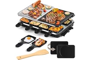 HengBO Raclette 8 Persone - Raclette Grill Elettrico con Pietra Naturale, Piastra Elettrica Reversibile e 8 Padelle Raclette 3 In 1 Raclette Griglia Barbecue Elettrica-Rivestimento Antiaderente-1300W
