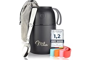 Milu® termo pojemnik 450, 650, 800ml | pojemnik ze stali nierdzewnej utrzymujący ciepło | pojemnik na żywność | pojemnik na żywność utrzymujący ciepło | Thermo Lunchbox | Müsli to go | (Czarny, 450ml)