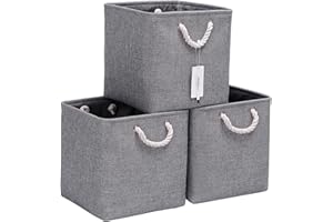 CREADARD Fabric Cube Storage Box Set of 3, 13x13x13 inch Foldable Linen Cube Storage Basket for Nursery and Home, Collapsible Canvas Shelf Basket for Wardrobe or Bedroom, Grey