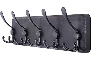 SKOLOO Garderobenleiste Holz, Vintage, Stabile Kleiderhaken Wand mit 5 Dreifachhaken, zum Aufhängen von Kleidung, Mantel, Hüten, Jacken, Rucksack, Hakenleiste Holz,Voll Schwarz