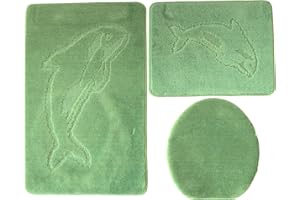 Ilkadim Delphin Badgarnitur 3 tlg. Set 55x85 cm einfarbig, WC Vorleger ohne Ausschnitt für Hänge-WC (grün)