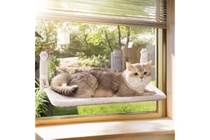 MEWOOFUN Cat Window Bed Hammock for Indoor Cats - Foldable Cat Window Perch w/Reversible Mat, Upgrade Strong Suction Cups Sturdy (Beige, M)