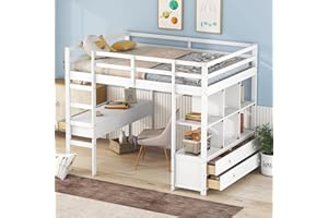 KecDuey Letto a soppalco, 140 x 200 cm, in legno bianco, con cassetti, rete a doghe e scrivania sotto il letto, per ragazzi e ragazze, WX000701