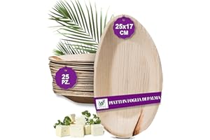 Waipur Piatti in Foglia di Palma Ecologici - 25 Pz Ovali 25 cm - Stoviglie usa e getta Biodegradabili Eleganti - Leggeri e Resistenti - Naturali e Compostabili - Simile al Bamboo e al Legno