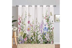 ANHOPE Floral Curtains Eyelet Soft Thermal Insulated Blackout Curtains Watercolor Botanical Flower Butterfly Print Pattern Ring Top Window Drapes for Bedroom Living Room 55 x 84 Inch Drop 2 Panels