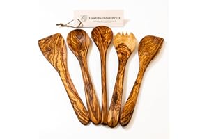 DAS OLIVENHOLZBRETT® Juego de 5 espátulas, cucharas de cocina, cucharas con esquina + cubiertos para ensalada de madera de olivo, 30 cm, cucharas de madera, cucharas de cocina de madera