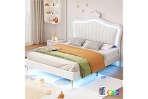 Racxily Letto per bambini con luci LED,letto da principessa140x200cm, modanatura a corona,letto una piazza e mezza con rete a doghe e schienale,PU,bianca