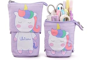 Maomaoyu Cute Cartoon Cat Stand up Pencil, Cat Pencil Case for Girls, Large Lightweight Canvas Holder for Kids Students Adults Girls Boys Presents, Purple Unicorn