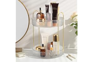 CHEFYUPER Skincare Organiser 360 Rotating Perfume Organiser, 2 Tier Skin Care Perfume Stand Makeup Storage Holder, Spinning Make Up Organiser Cosmetics Organiser for Bathroom Dresser Bedroom Countertop (Clear)