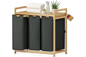 XMHome wäschekorb 3 fächer 148L großer quadratischer Wäschesammler aus Bambus Wäschebox optisch ansprechender Wäschesortierer in 77.5X41.3X77.5 CM Dunkelgrau
