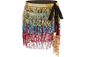 DTWAWA Boho Belly Dance Sequin Tassel Hip Scarf Multilayer Wrap Fringe Sparkly Belt Party Rave Dance Performance Skirt for Women and Girls