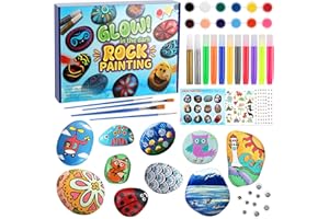 Collazoey Piedras Pintar Juegos para Manualidades, Piedras que brillan Manualidades DIY Kit Manualidades de Pintura Creativas con 12 Rocas y 24 Pinturas para Niño Niña de Regalos 3 a 12 Años
