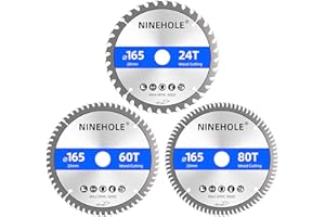 NINEHOLE 3 sztuki Brzeszczot do Piły Tarczowej 165 x 20 mm (pierścień 16 mm) - Tarcza 24/60/80 Zębów, do Drewna, Sklejki, Laminatu, Płyt Kartonowo-Gipsowych, Plastiku