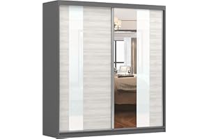 Fabryka Mebli Idźczak Schiebetürenschrank, eleganter Kleiderschrank Schrank Garderobe Spiegel Multi Multi 32 200 cm, Schlafzimmer- Wohnzimmerschrank Schiebetüren Modern Design (Graphit/Kathult)