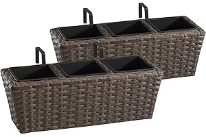 GARTENFREUDE Jardinera para balcón de polyrattan Incluye suspensión y 3 Insertos plásticos, Capuchino, 2 Piezas, 47 x 17 x 15 cm