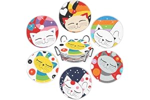Valdivia Diamond Painting Coasters, Cute Drink Coasters Set of 6 with Holder, 5D DIY Diamond Art Kits for Beginners, Kids and Adults Art Crafts Supplies, Funny Gifts for Cat Lover and DIY Artists -Cat