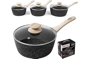 Rainberg Saucepan with Lid, Nonstick Milk Pan Suitable with Induction, Gas and Electric Hobs, Cooking Pot with Pour Spout. (Black, 3PK 16-18 & 20cm)
