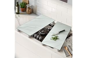 Universal Gas Electric Induction Hob Covers | Set of 2 Glass Hob Cover for Gas Electric Stove Cookers | Large Chopping Board Worktop Savers for Kitchen - Kinway (White Marble Design)