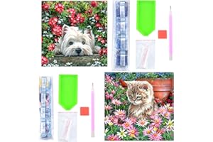 Vwoqiy 2 Pcs 5D DIY Diamond Paint Kits, Cat and Dog Full Drill Crystal Embroidery Rhinestone Cross Stitch Art Craft Canvas Painting Pictures by Numbers for Kids Adults Gifts, Home Wall Decor