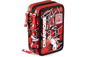 Julian Ross Plumier Triple Escolar 45 Piezas – con Bolígrafos Borrables, Lápices de Colores 4.0 mm, Rotuladores, Tijeras, Pegamento – Fútbol Champions – Rojo y Negro – para Niños – Regalo o Colegio