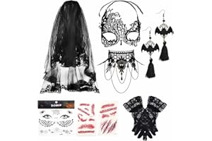 JeryWe Velo di Halloween Maschera Choker Collana Orecchini Tattoo Adesivi per Le Donne Pizzo Masquerade Nero Gotico Choker Guanti Orecchini Dangle Halloween Costume Accessori