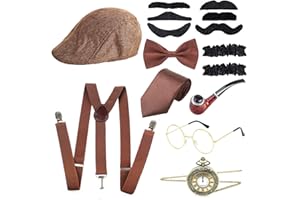 ATOWORLD Années 1920 Hommes Accessoires Gatsby Costume Gangster Deguisement Annee 20 avec Fausse Moustache Cravate Noeud Papillon Bretelle Chapeau Montre de Poche Cosplay Carnaval Brun