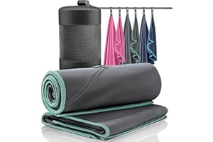 BEMAXX Microfibre Towel Set of 2 + Bag | Antibacterial Quick Dry, Lightweight + Phone Zip Pocket | Large & Small Soft Micro Fibre Towels for Sports Camping Beach Swimming Gym Fitness Travel Outdoor Bath Hair