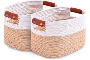 GYBOOM Woven Cotton Rope Storage Basket,Decorative Woven Basket,Decorative Baskets with Detachable Leather Handles for Closet Storage,Woven Baskets For Toy,Blanket, Book Storage(2 pack, White/Yellow)
