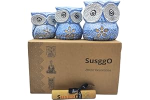 SusggO - Set di 3 gufi in legno, decorazione, intagliati a mano, gufo portafortuna, idea artistica, decorazione per mobili, DECORAZIONI PER LA CASA (FIORE BLU)