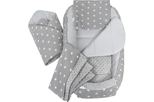 Medi Partners Baby Nest Pod for Newborn Babynest Bed 5pcs Set - 100x60x15 Lounger Essentials 0-12 Months Sleeping Bilateral Cocoon 100% Cotton (Stars with Grey Plush)