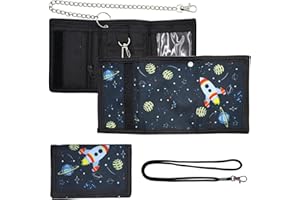 CONNECTION Portafoglio Bambino Motivi di Spazio Portafoglio a Tre Ante da Bambini Portafogli per Bambini con Cordino e Catena Metallica Portamonete Pieghevole per Bambini Adolescenti Ragazzi (Nero)