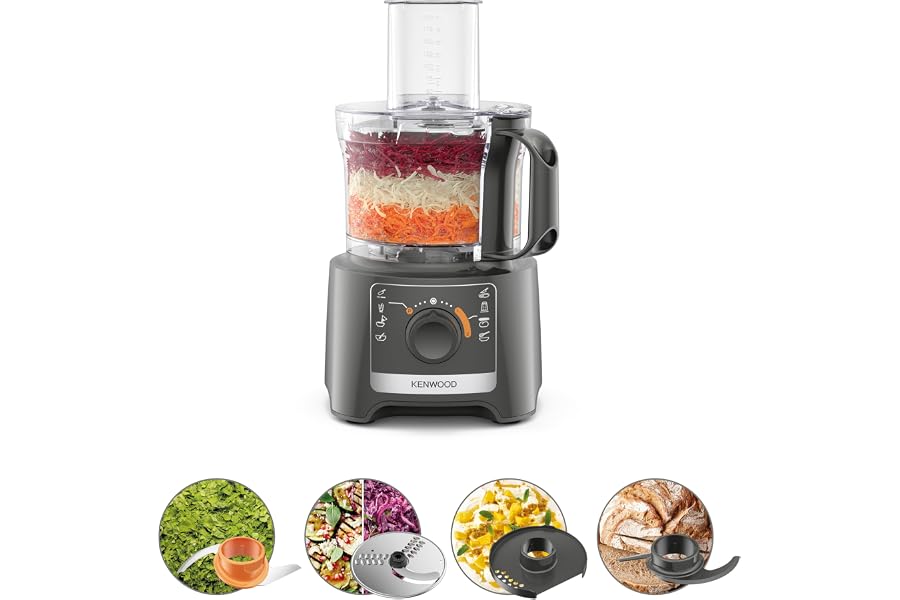 Kenwood Multipro Compact FDP31.020GY Model 2023, Robot Kitchen Chopper with 2 Processing Speeds + Pulse, 2.1L Bowl, Electric Vegetable Cutter for Choping, Grating, and Kneading, 800W
